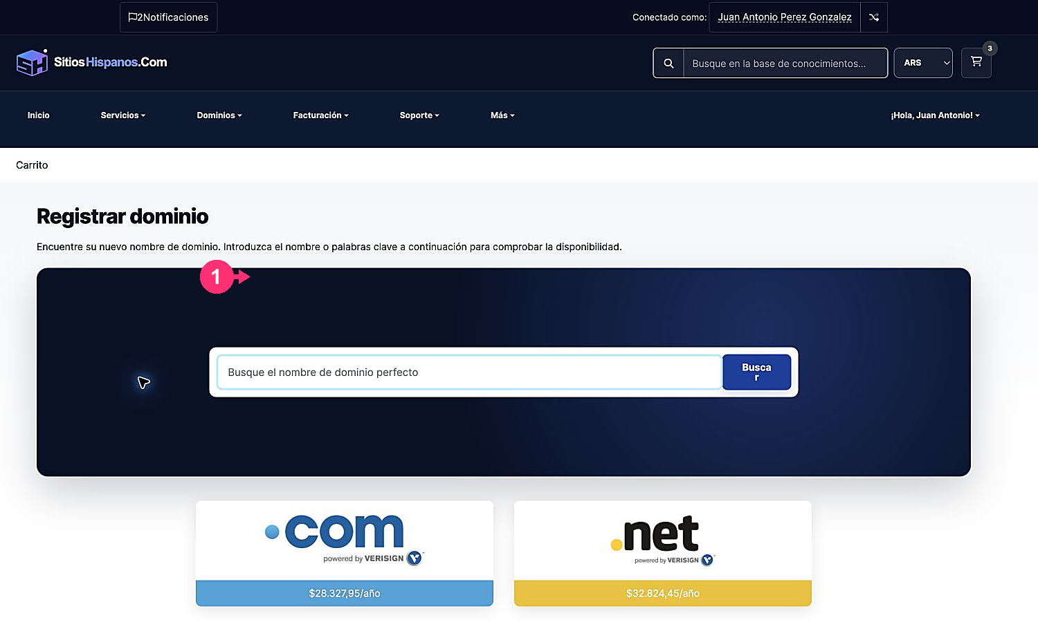 Buscador actual para registrar un dominio